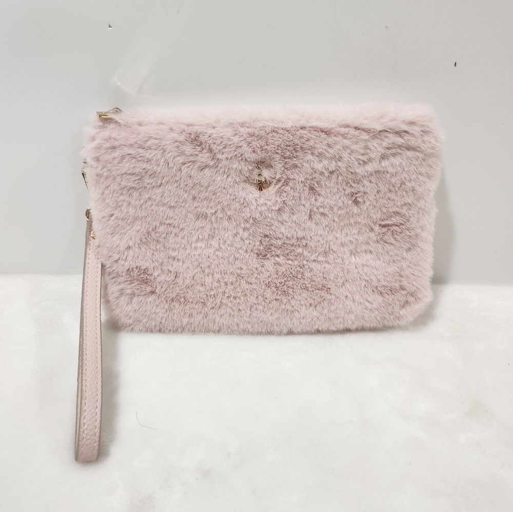 Nanette Lepore Blush Pink Gold Faux Fur Clutch Wallet Wristlet Purse
